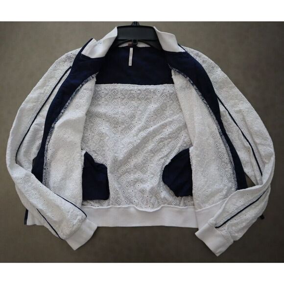 Free People Women Sz S White/Navy Trim Embroidered Eyelet Full Zip Track Jacket - Picture 7 of 9
